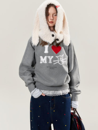 BETWEENAND Heather Gray Glitter Cat Print Pullover Women&