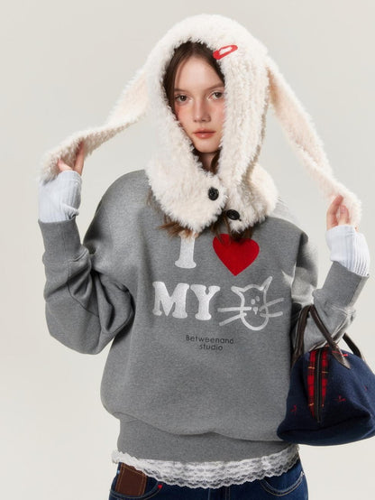 BETWEENAND Heather Gray Glitter Cat Print Pullover Women&