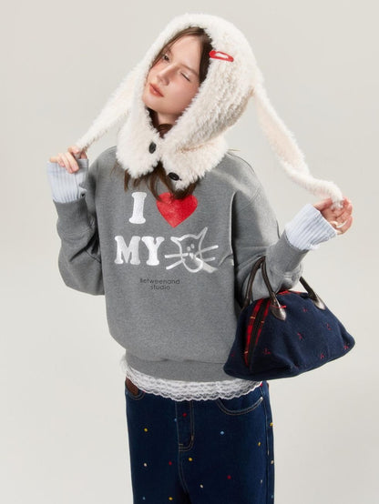 BETWEENAND Heather Gray Glitter Cat Print Pullover Women&