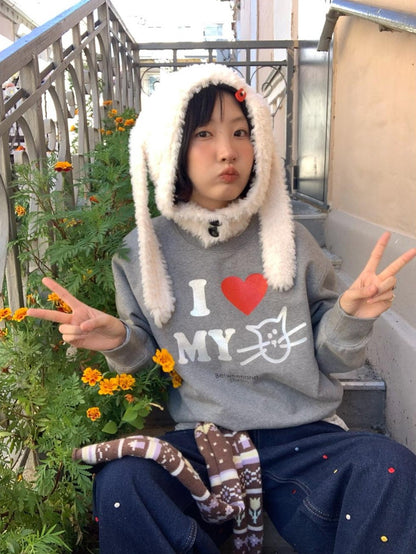 BETWEENAND Heather Gray Glitter Cat Print Pullover Women&