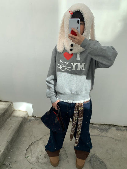 BETWEENAND Heather Gray Glitter Cat Print Pullover Women&