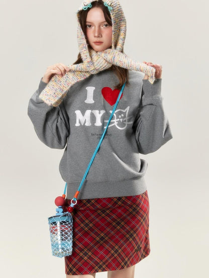 BETWEENAND Heather Gray Glitter Cat Print Pullover Women&