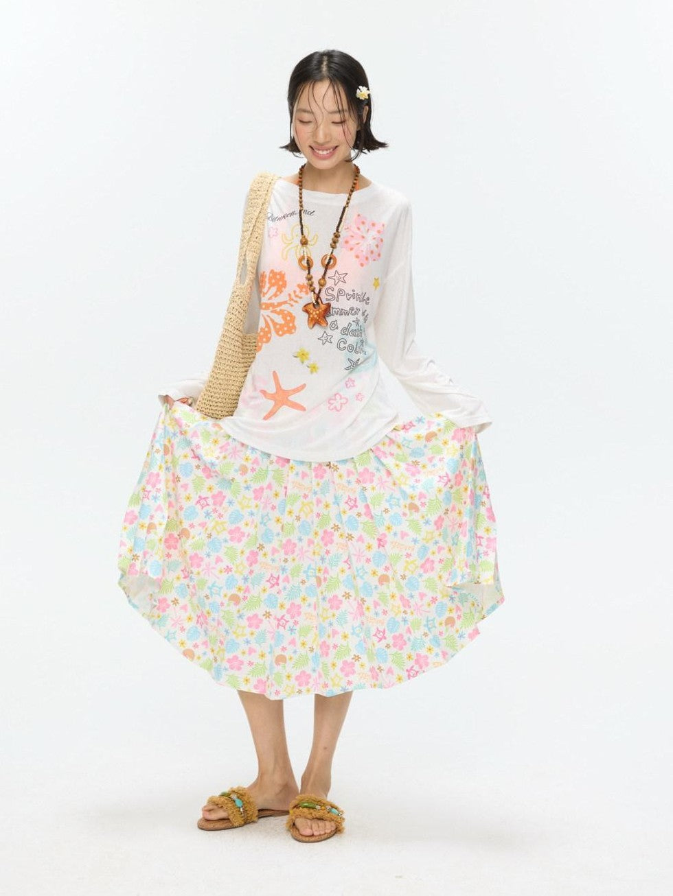 BETWEENAND Hibiscus Print Off Shoulder Women&