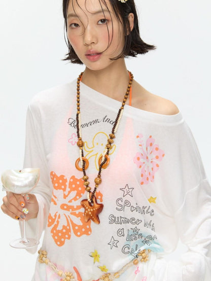 BETWEENAND Hibiscus Print Off Shoulder Women&