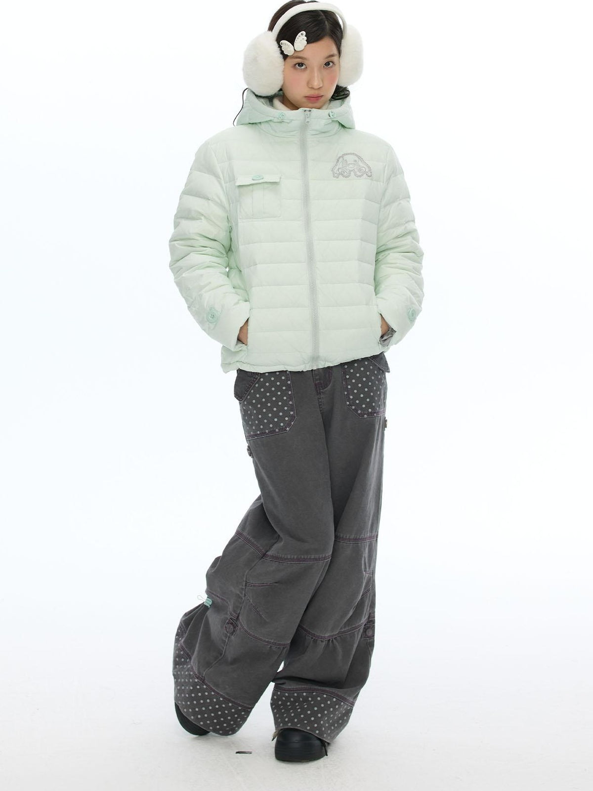 BETWEENAND Hooded Quilted Batwing Sleeve Straight Fit 90 White Duck Down Women&
