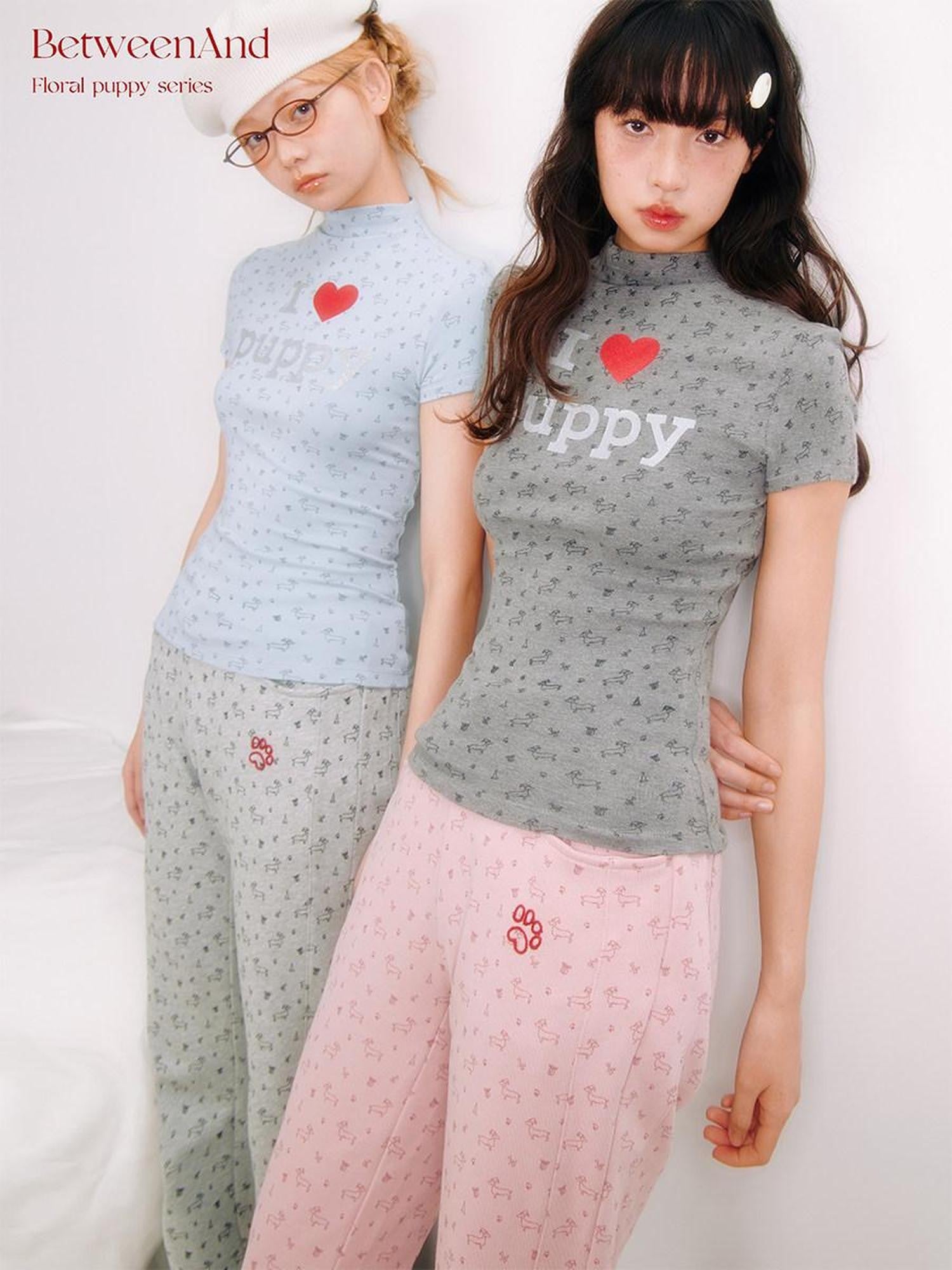 BETWEENAND I Love Dog Glitter Print Mock Neck Women&