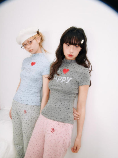 BETWEENAND I Love Dog Glitter Print Mock Neck Women&