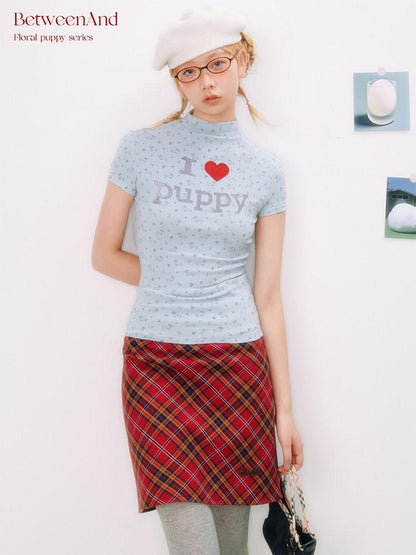 BETWEENAND I Love Dog Glitter Print Mock Neck Women&