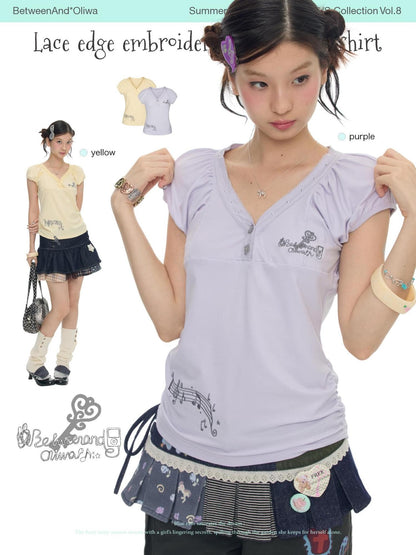 BETWEENAND Lace Embroidered Musical Note Key Rhinestone Women&