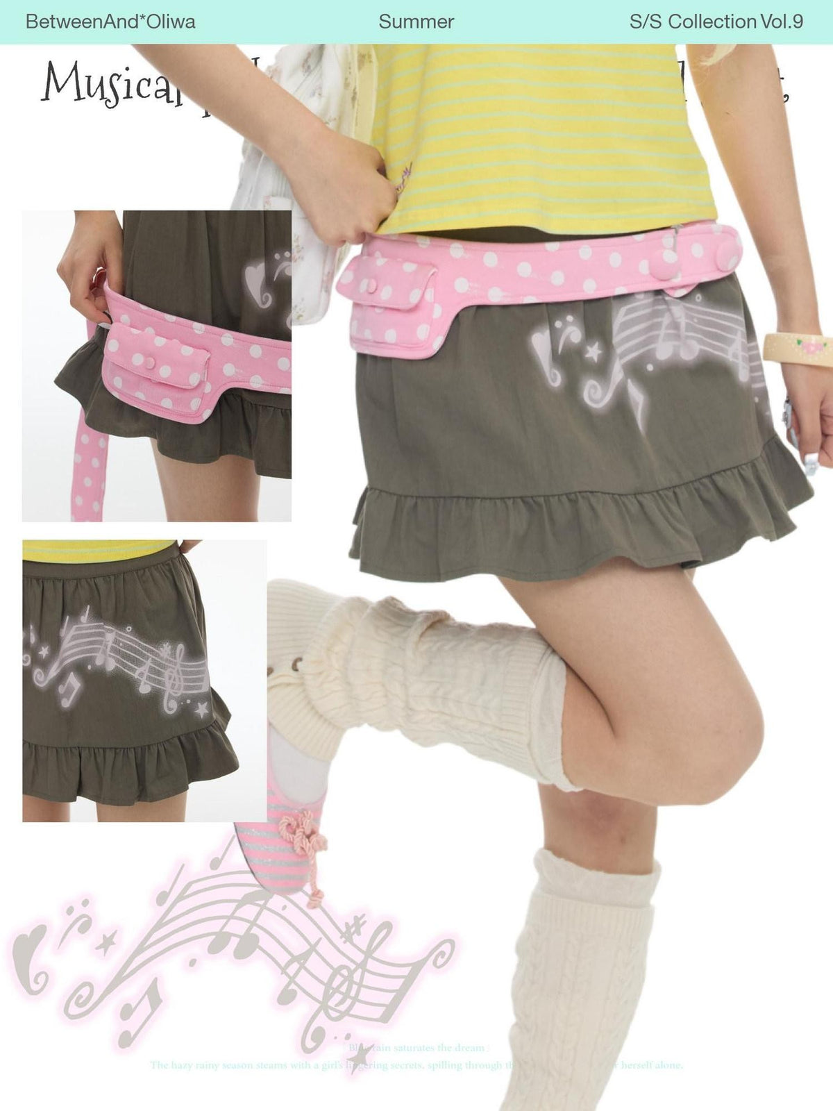 BETWEENAND Latte Pleated Printed Note Polka Dot Women&