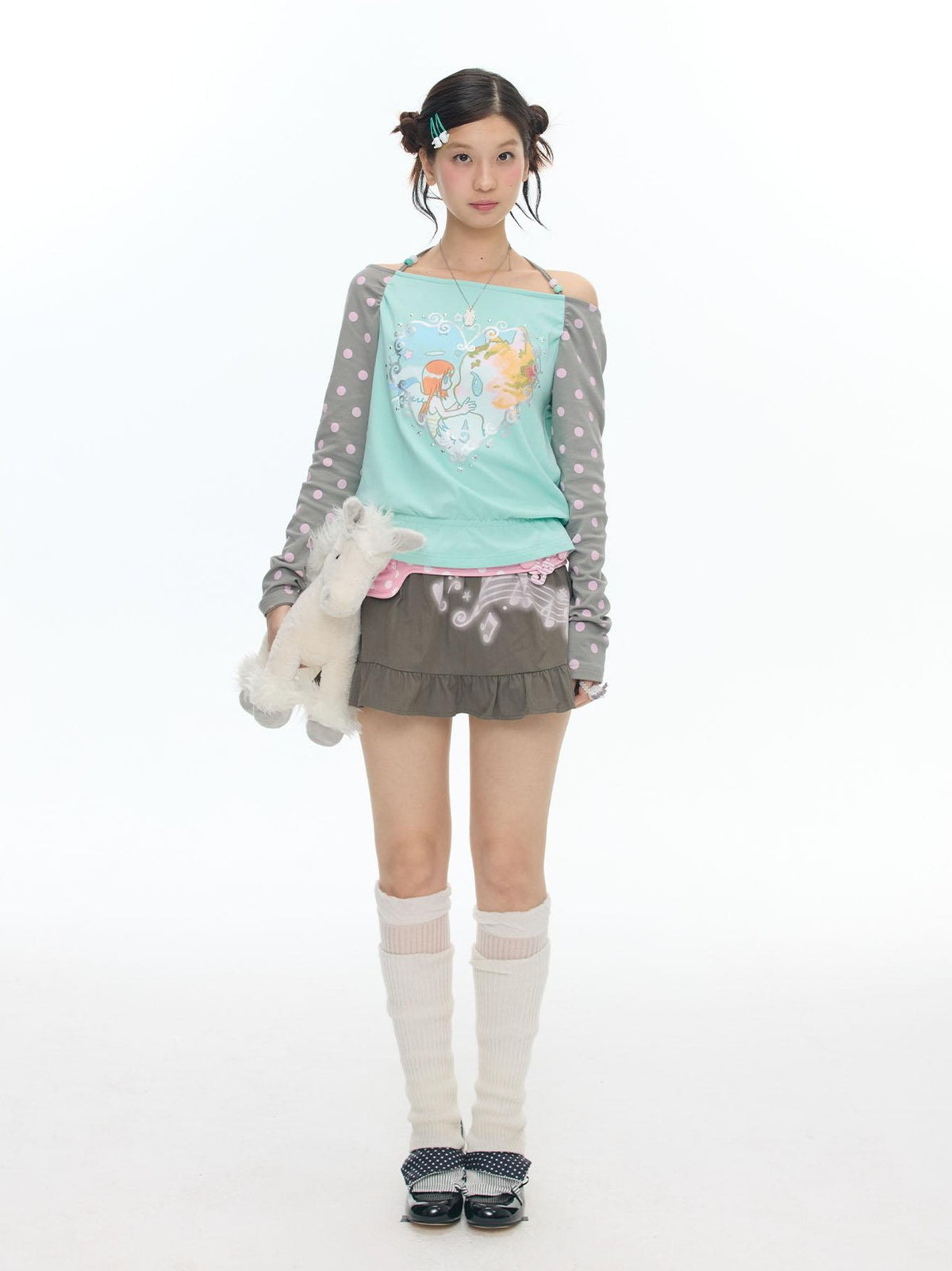 BETWEENAND Latte Pleated Printed Note Polka Dot Women&