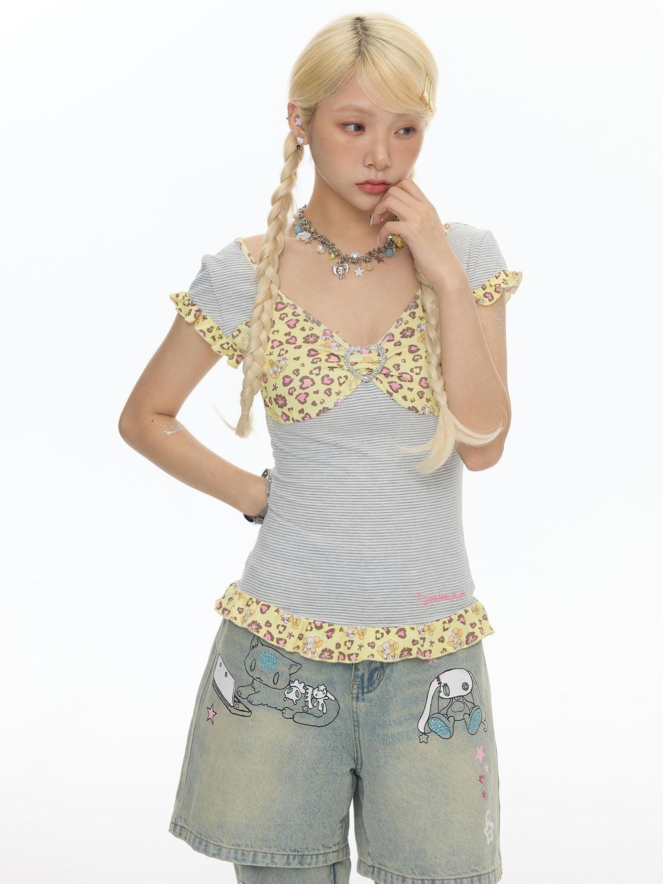 BETWEENAND Leopard Stripe Lace V-neck Women&