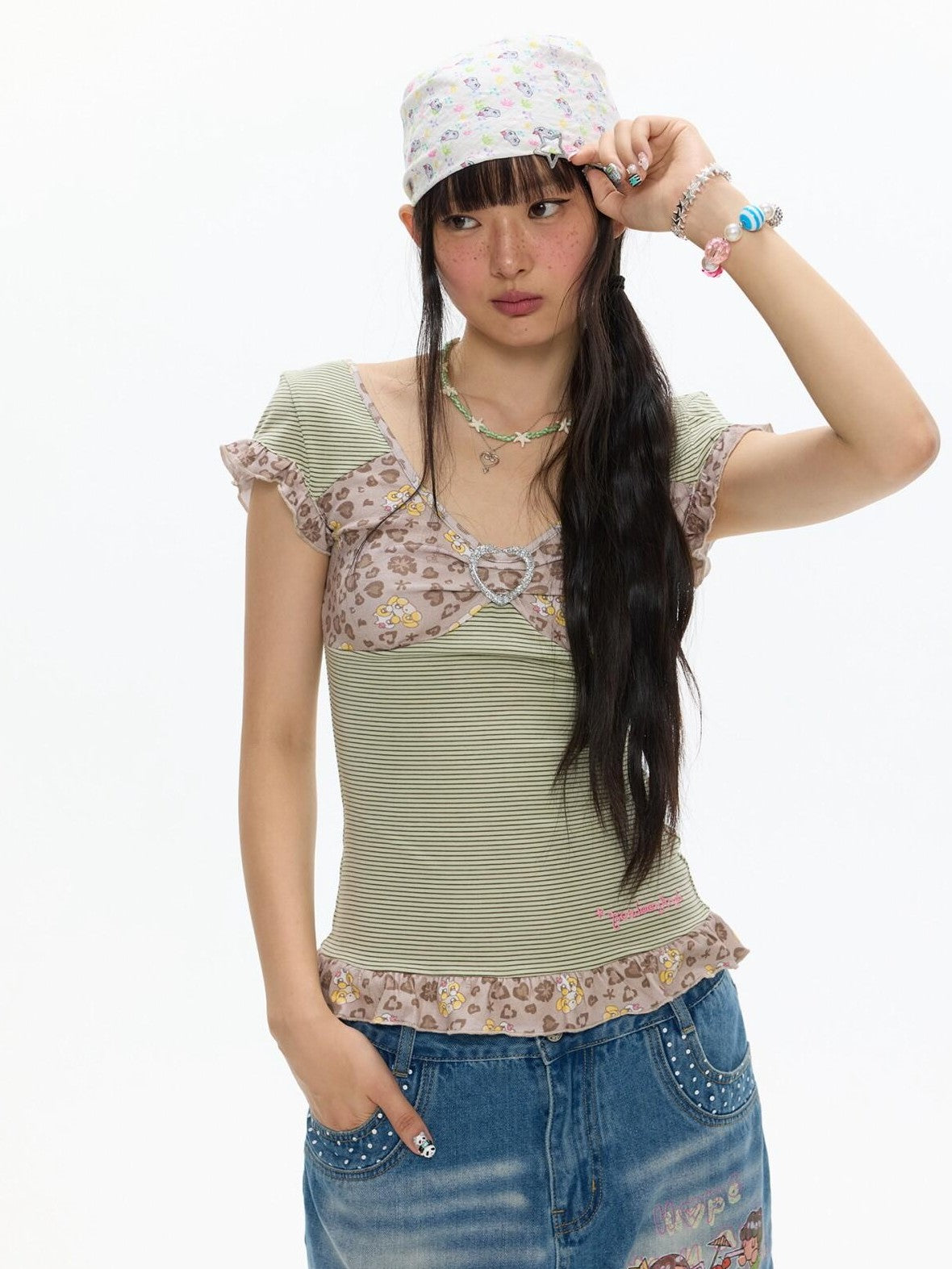 BETWEENAND Leopard Stripe Lace V-neck Women&