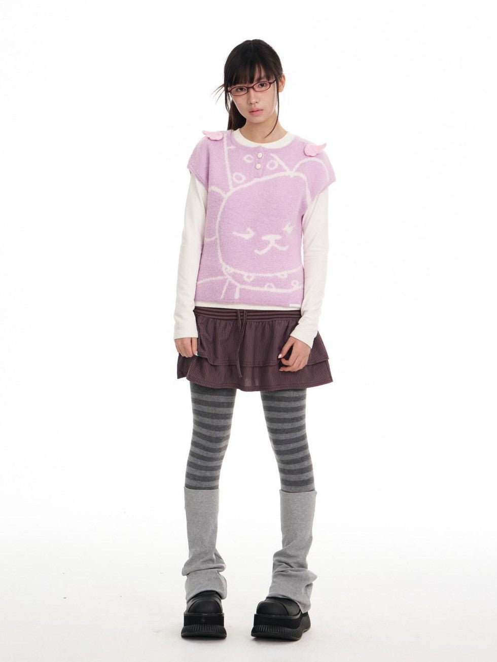 BETWEENAND Lilac Bear Print Layered Cap Women&