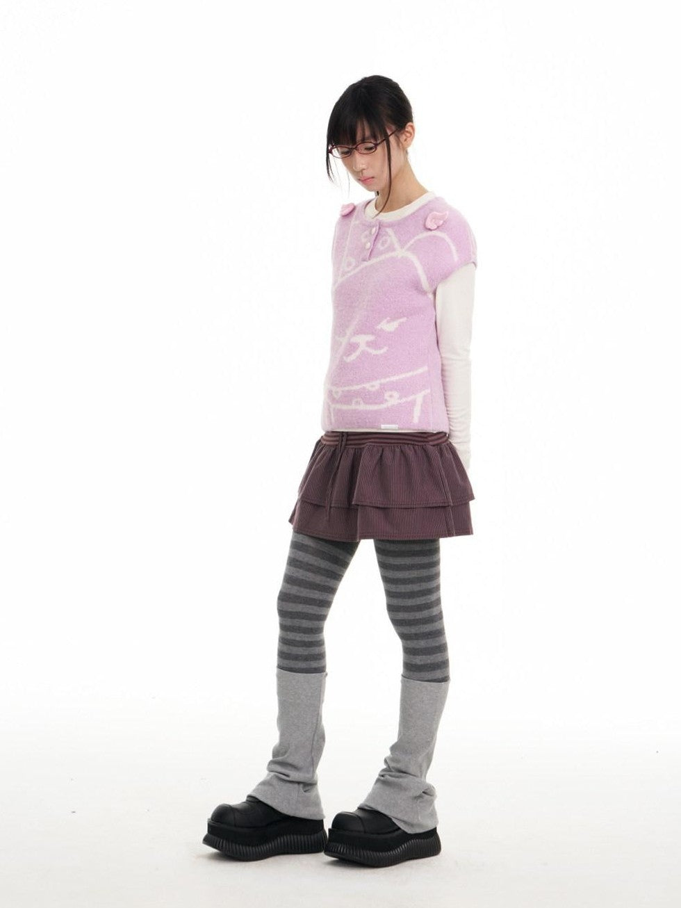 BETWEENAND Lilac Bear Print Layered Cap Women&