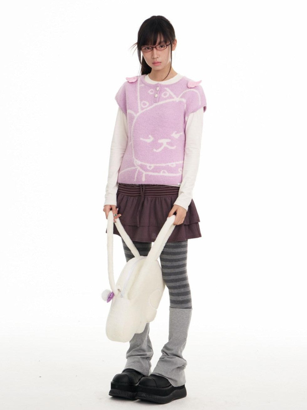 BETWEENAND Lilac Bear Print Layered Cap Women&