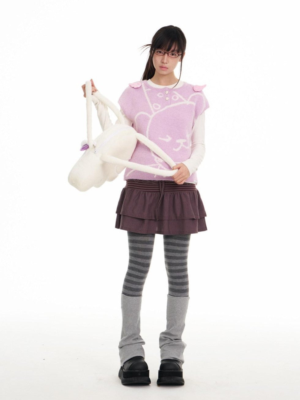 BETWEENAND Lilac Bear Print Layered Cap Women&