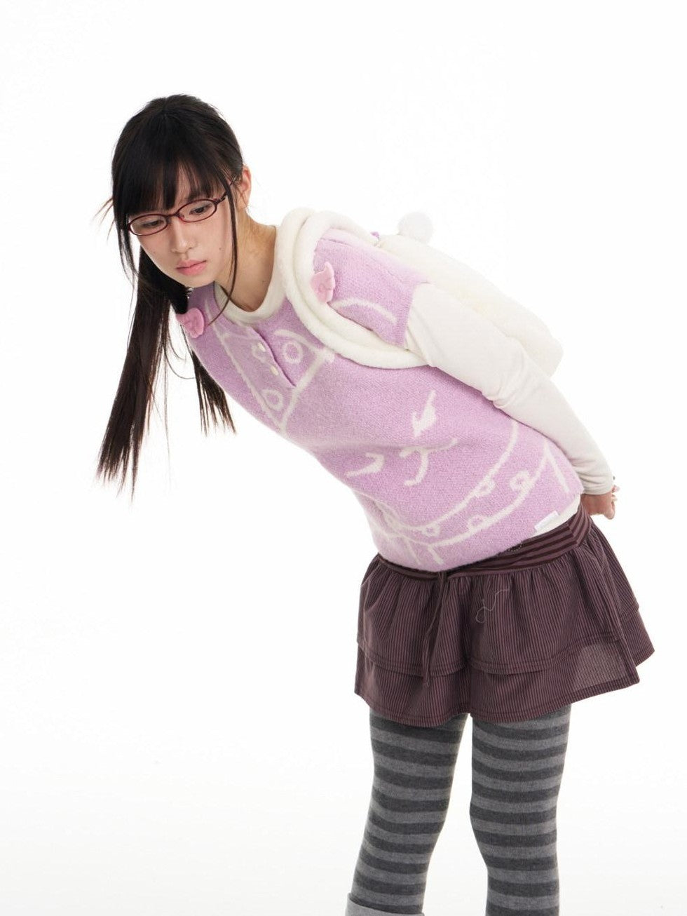 BETWEENAND Lilac Bear Print Layered Cap Women&