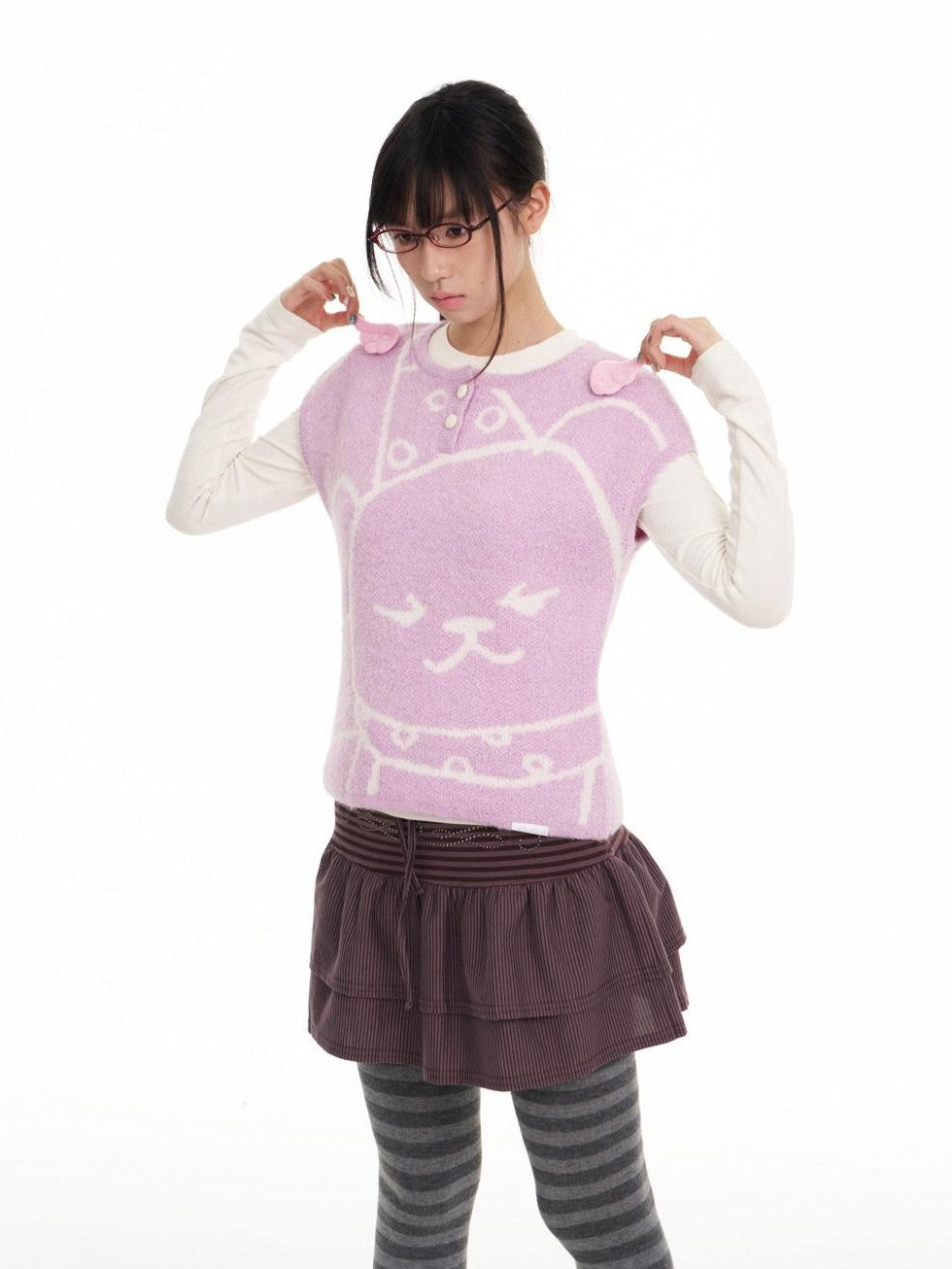BETWEENAND Lilac Bear Print Layered Cap Women&