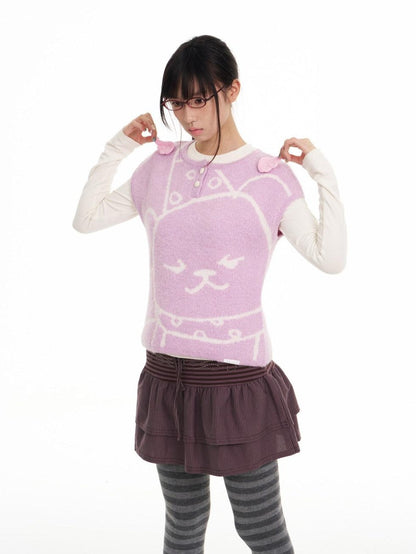 BETWEENAND Lilac Bear Print Layered Cap Women&