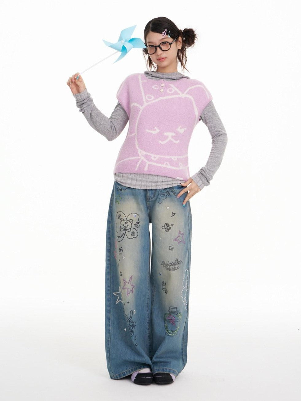 BETWEENAND Lilac Bear Print Layered Cap Women&