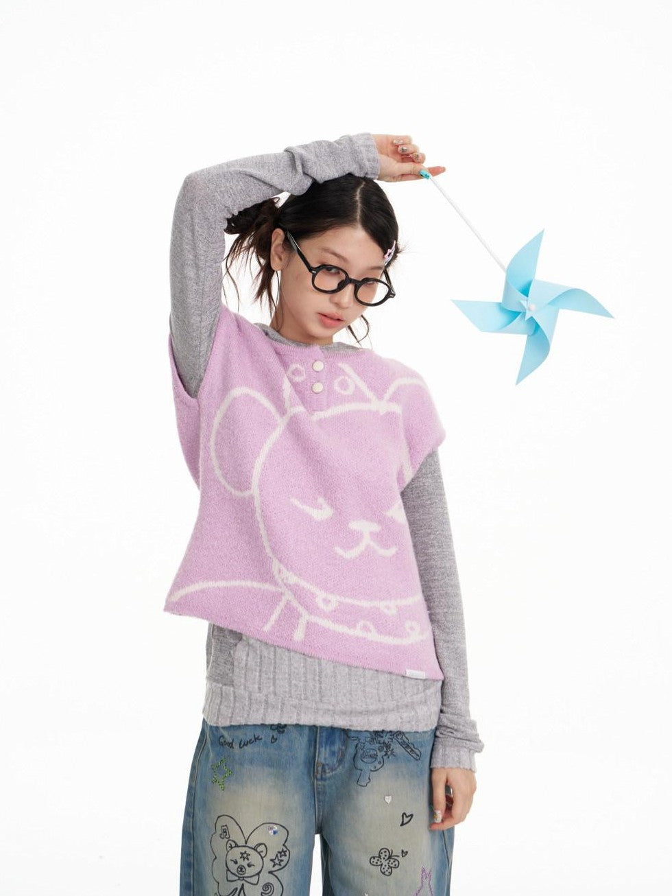 BETWEENAND Lilac Bear Print Layered Cap Women&
