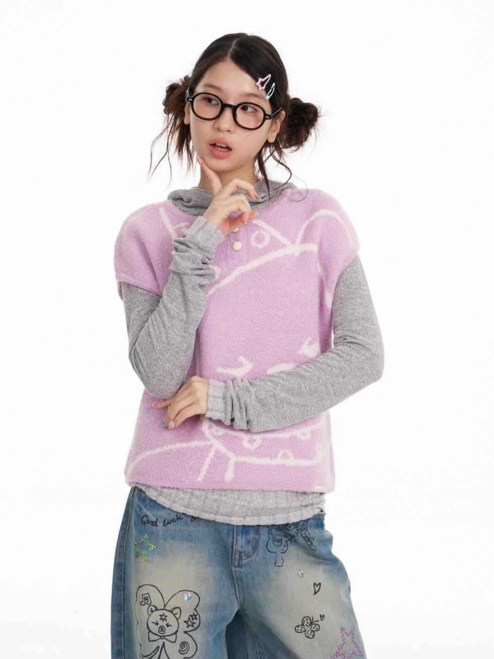 BETWEENAND Lilac Bear Print Layered Cap Women&