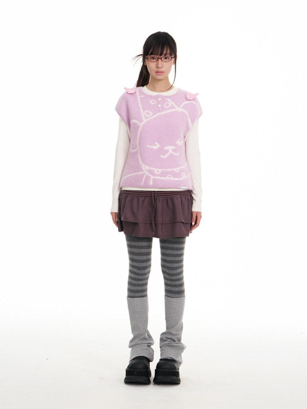 BETWEENAND Lilac Bear Print Layered Cap Women&
