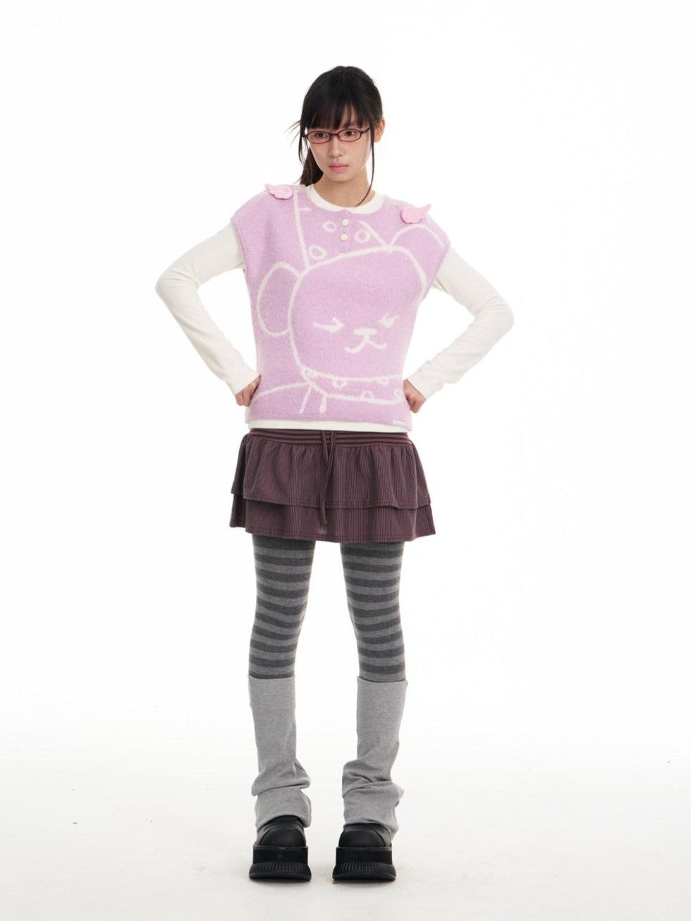 BETWEENAND Lilac Bear Print Layered Cap Women&