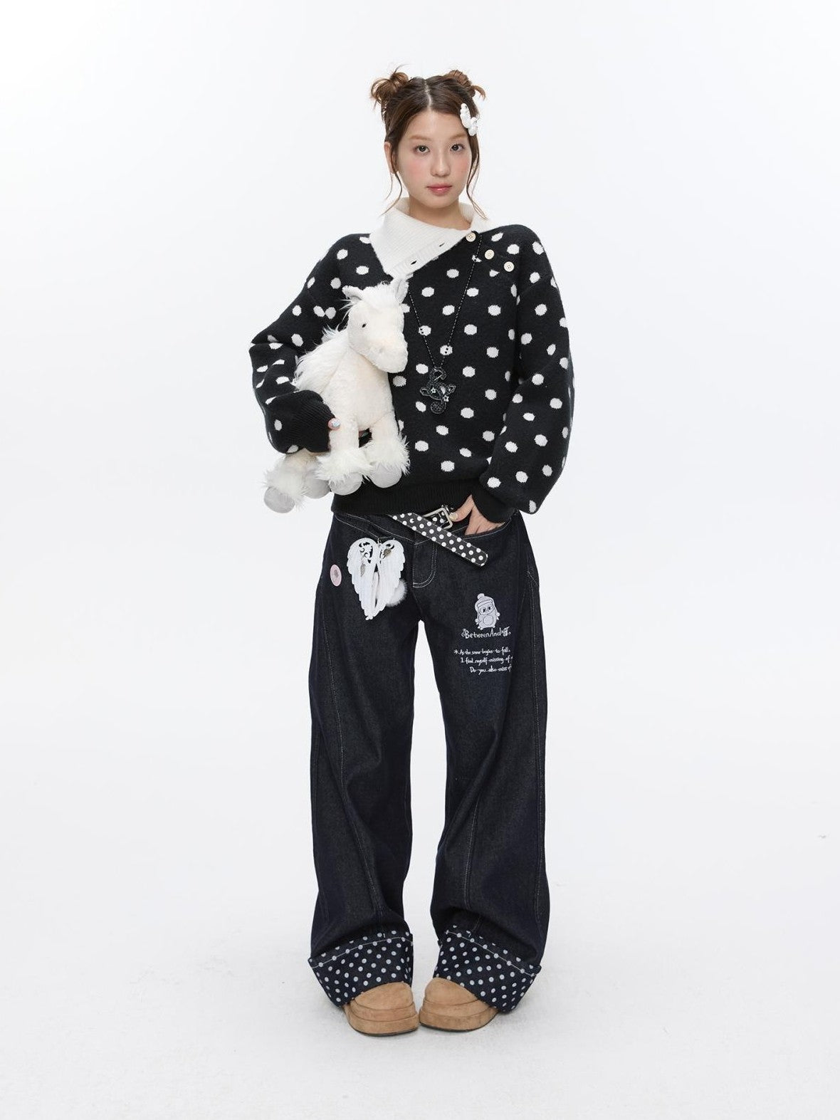 BETWEENAND Machine Embroidered Penguin Polka Dot Women&