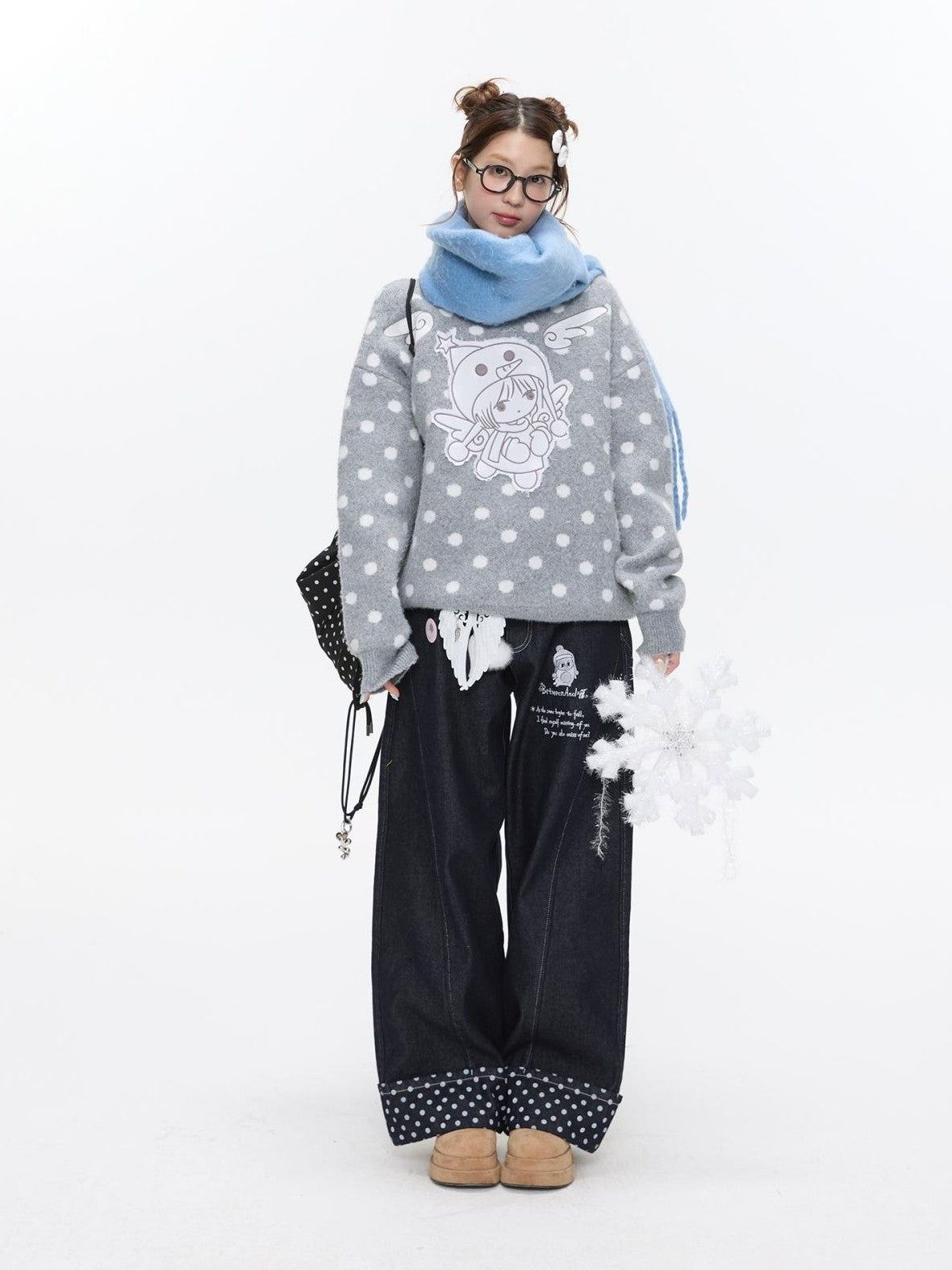 BETWEENAND Machine Embroidered Penguin Polka Dot Women&