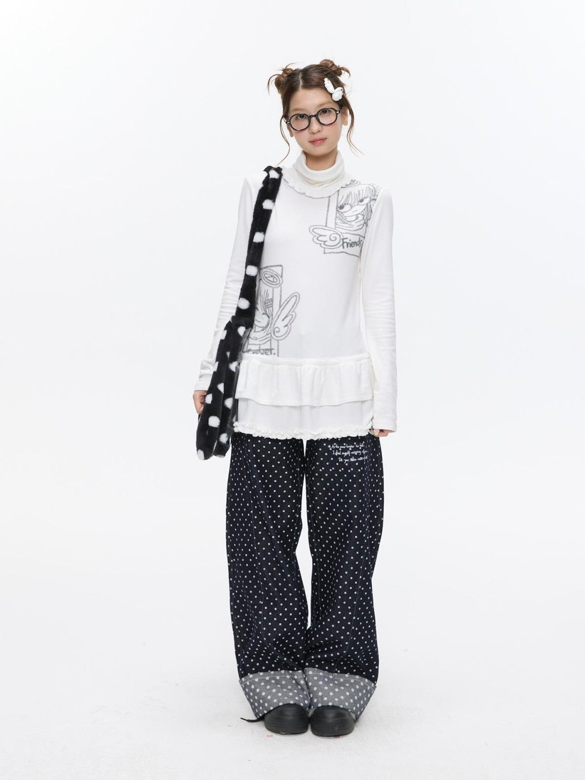 BETWEENAND Machine Embroidered Penguin Polka Dot Women&