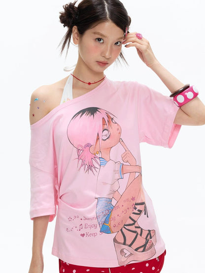 BETWEENAND Manga Girl Print Slanted Shoulder Women&