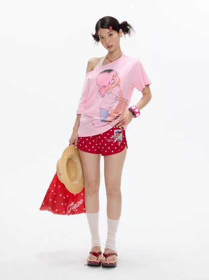 BETWEENAND Manga Girl Print Slanted Shoulder Women&