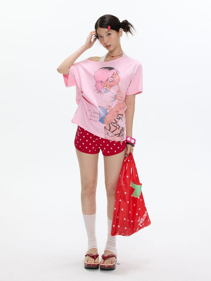 BETWEENAND Manga Girl Print Slanted Shoulder Women&