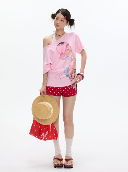 BETWEENAND Manga Girl Print Slanted Shoulder Women&