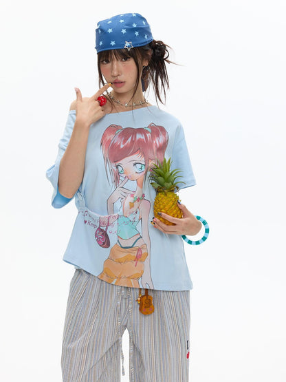 BETWEENAND Manga Girl Print Slanted Shoulder Women&
