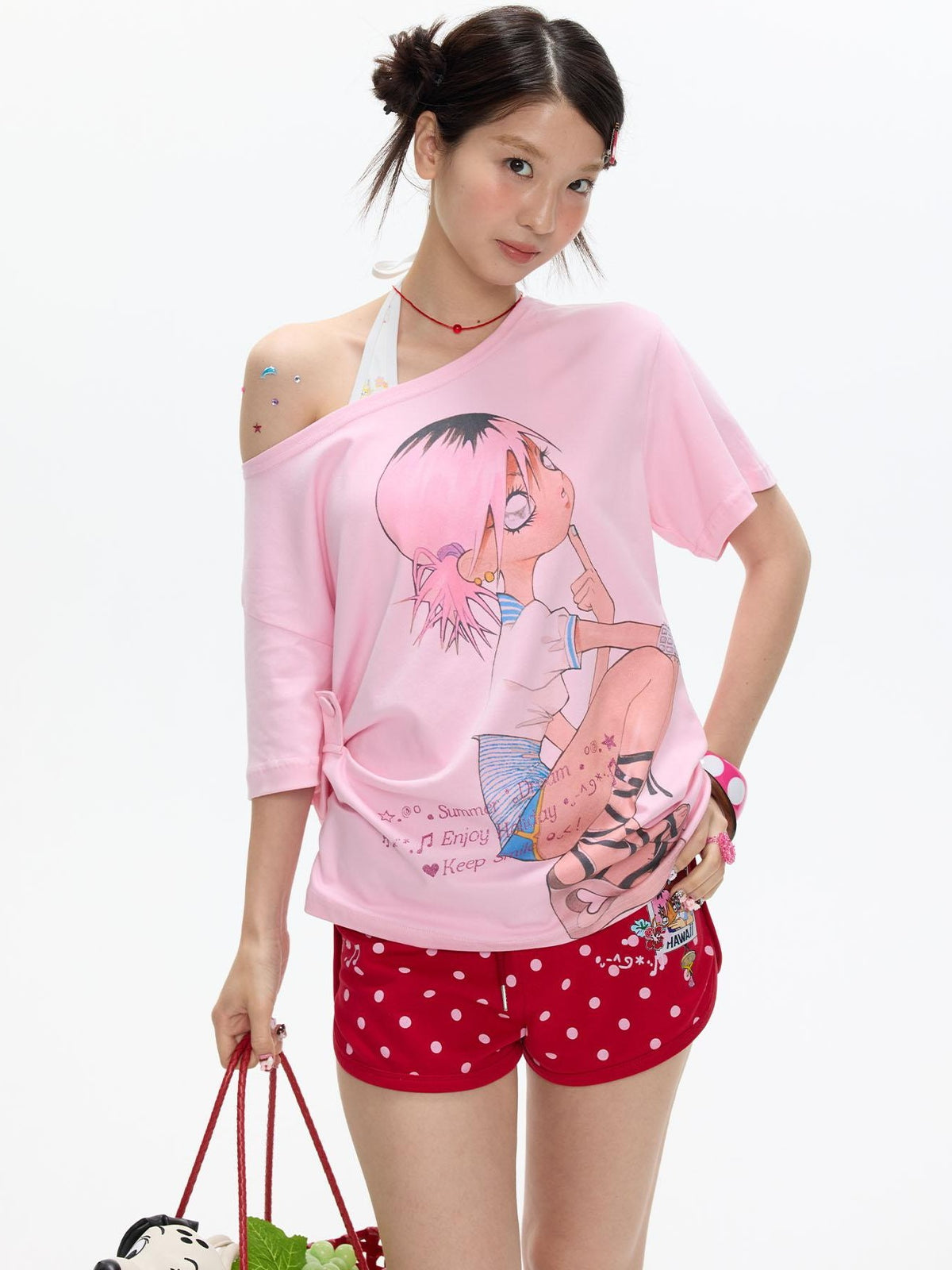 BETWEENAND Manga Girl Print Slanted Shoulder Women&
