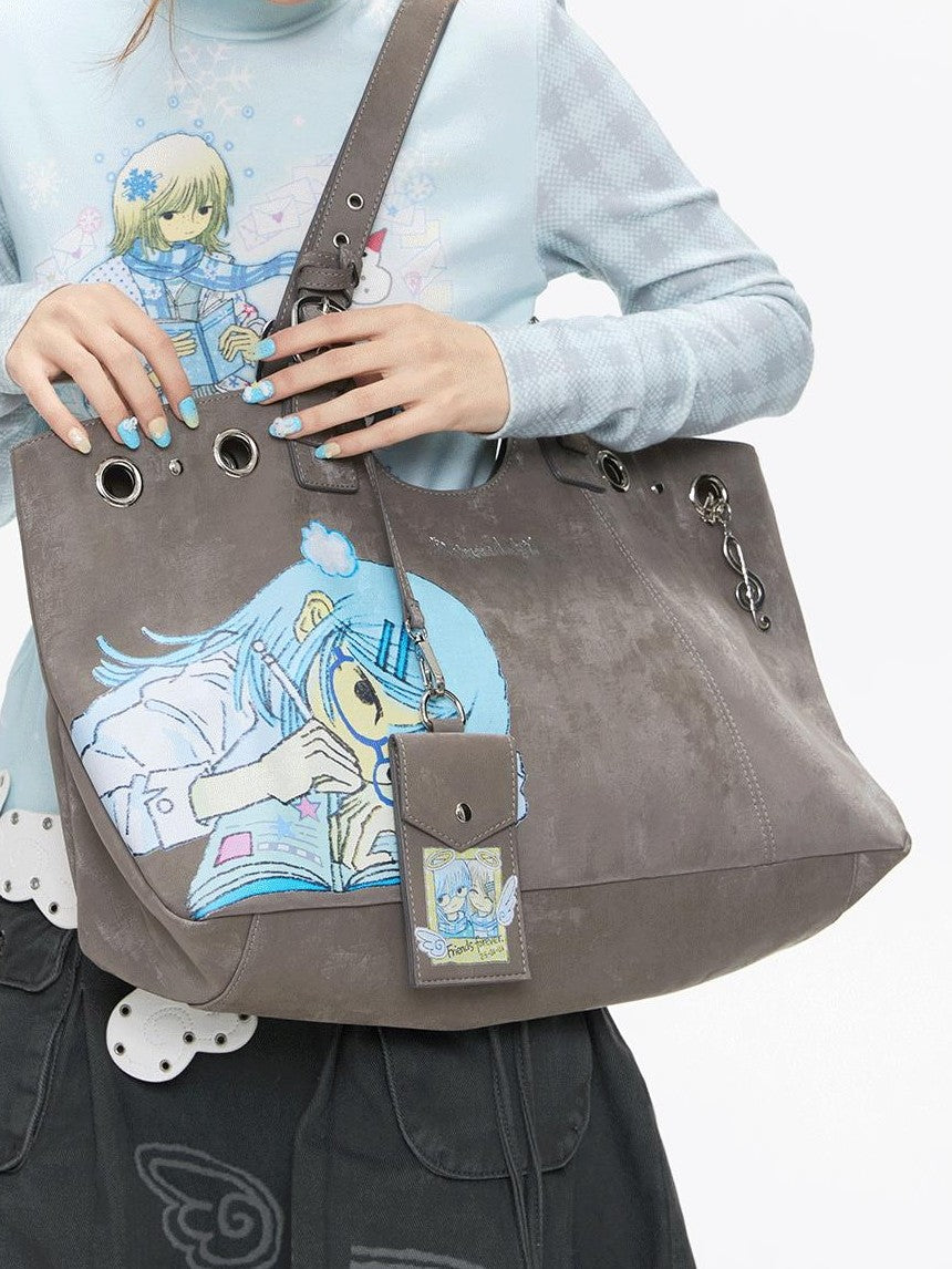 BETWEENAND Milk Tea Gray Vintage Manga Girl Cartoon Large Capacity Women&