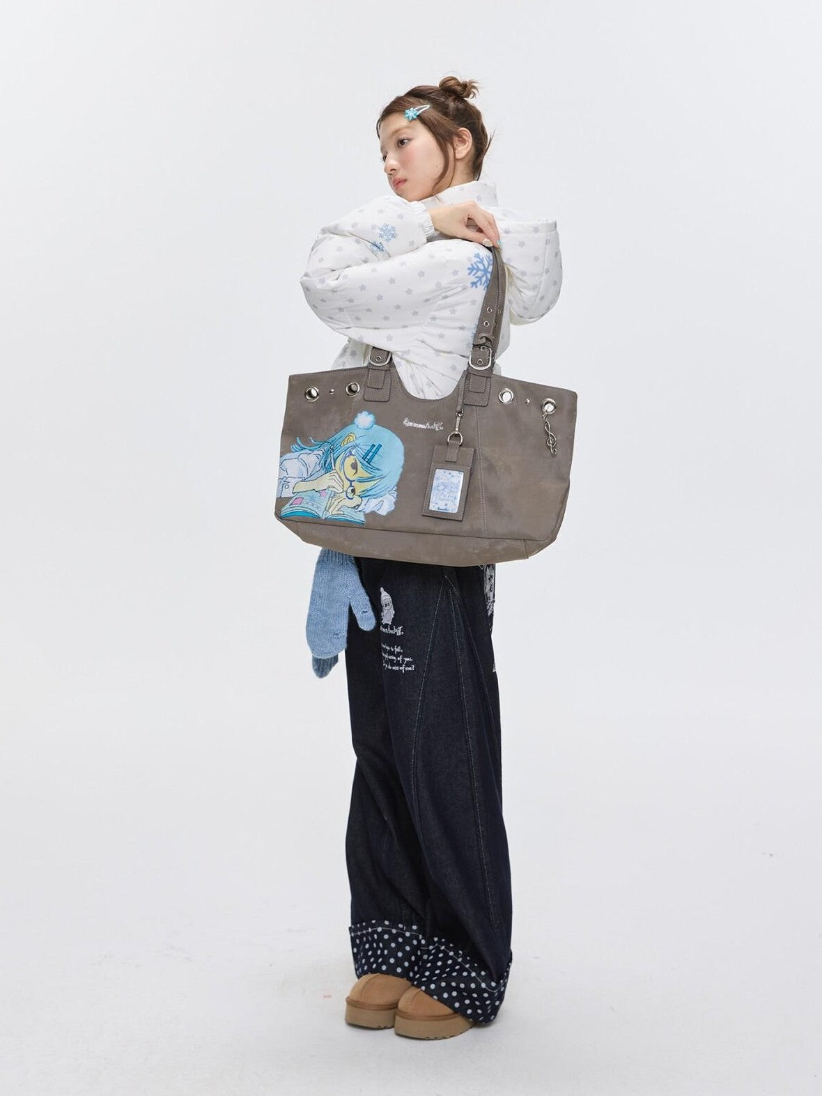 BETWEENAND Milk Tea Gray Vintage Manga Girl Cartoon Large Capacity Women&