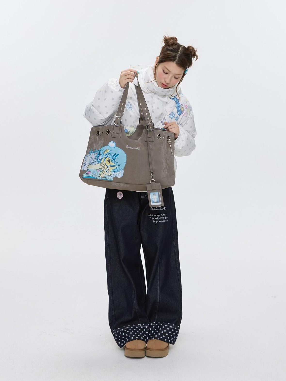 BETWEENAND Milk Tea Gray Vintage Manga Girl Cartoon Large Capacity Women&