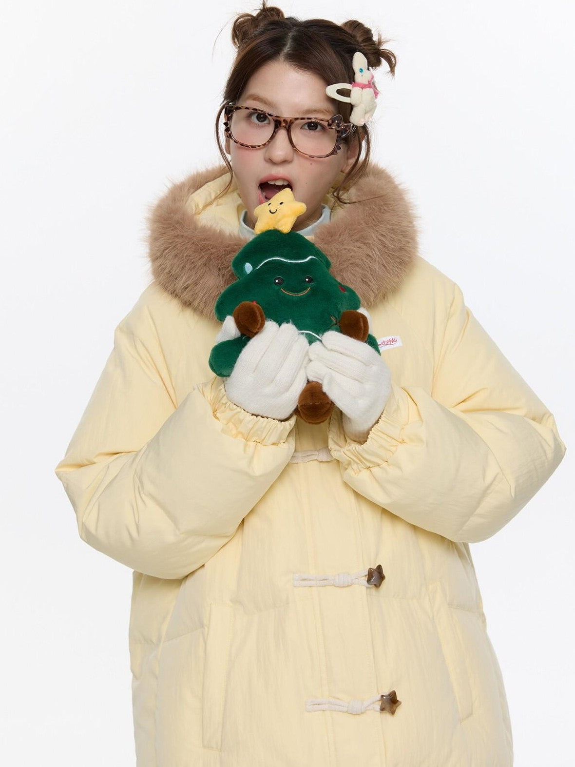 BETWEENAND Milk Yellow Embroidered Print Hooded Long Toggle Loose Women&