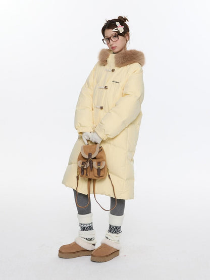 BETWEENAND Milk Yellow Embroidered Print Hooded Long Toggle Loose Women&
