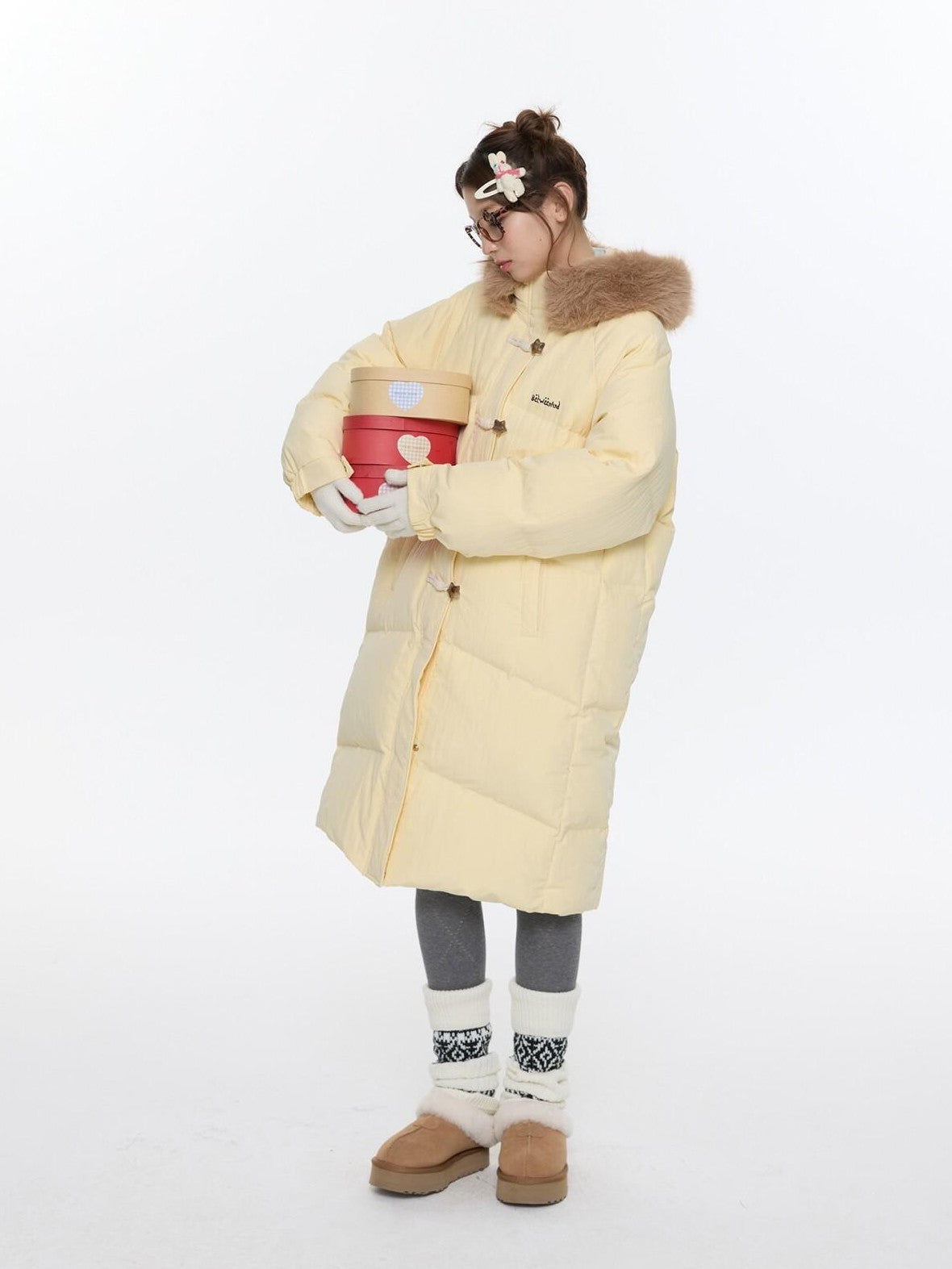 BETWEENAND Milk Yellow Embroidered Print Hooded Long Toggle Loose Women&