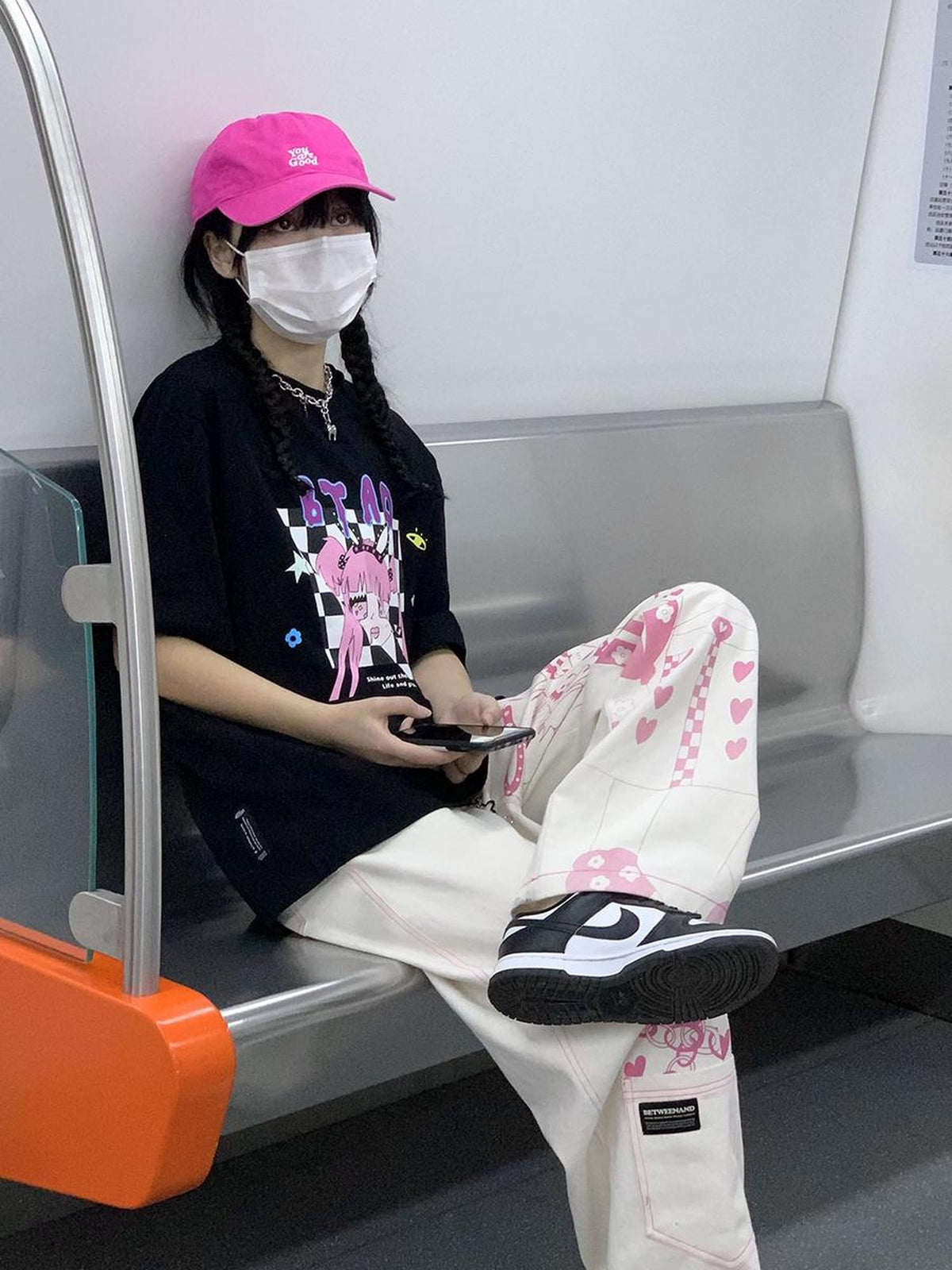 BETWEENAND Millennial Pink All Over Graffiti Print Women&