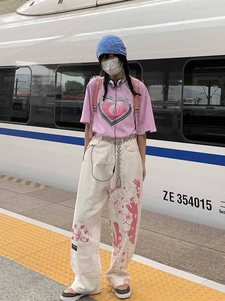 BETWEENAND Millennial Pink All Over Graffiti Print Women&