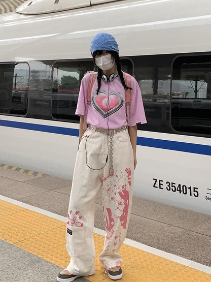 BETWEENAND Millennial Pink All Over Graffiti Print Women&