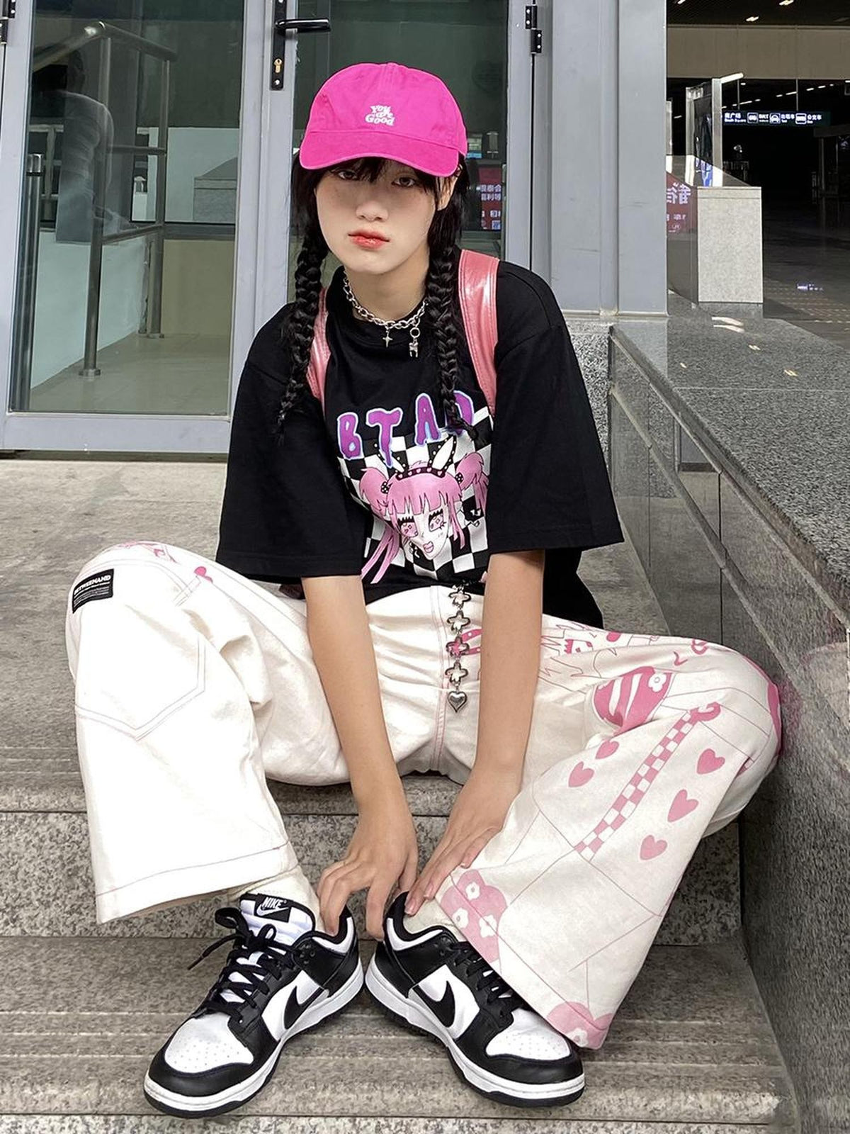 BETWEENAND Millennial Pink All Over Graffiti Print Women&