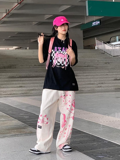 BETWEENAND Millennial Pink All Over Graffiti Print Women&