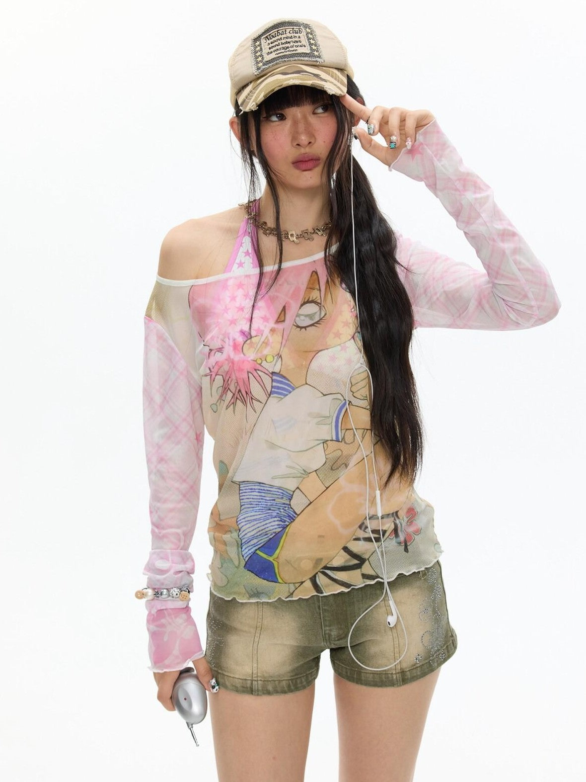 BETWEENAND Millennial Pink Allover Character Print Mesh Women&